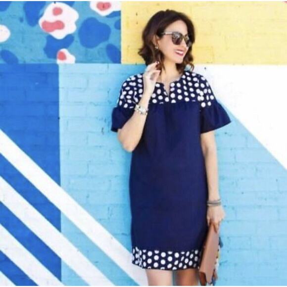 J.CREW Dresses & Skirts - J Crew Navy Blue Shift Dress Sz 6Tall White Embroidered Dot Accents Pom Pom